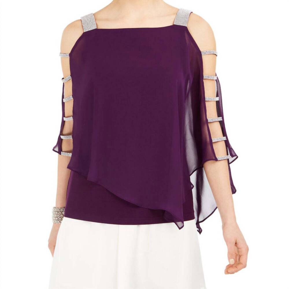 NEW MSK women's embellished cold shoulder top in plum purple/silver